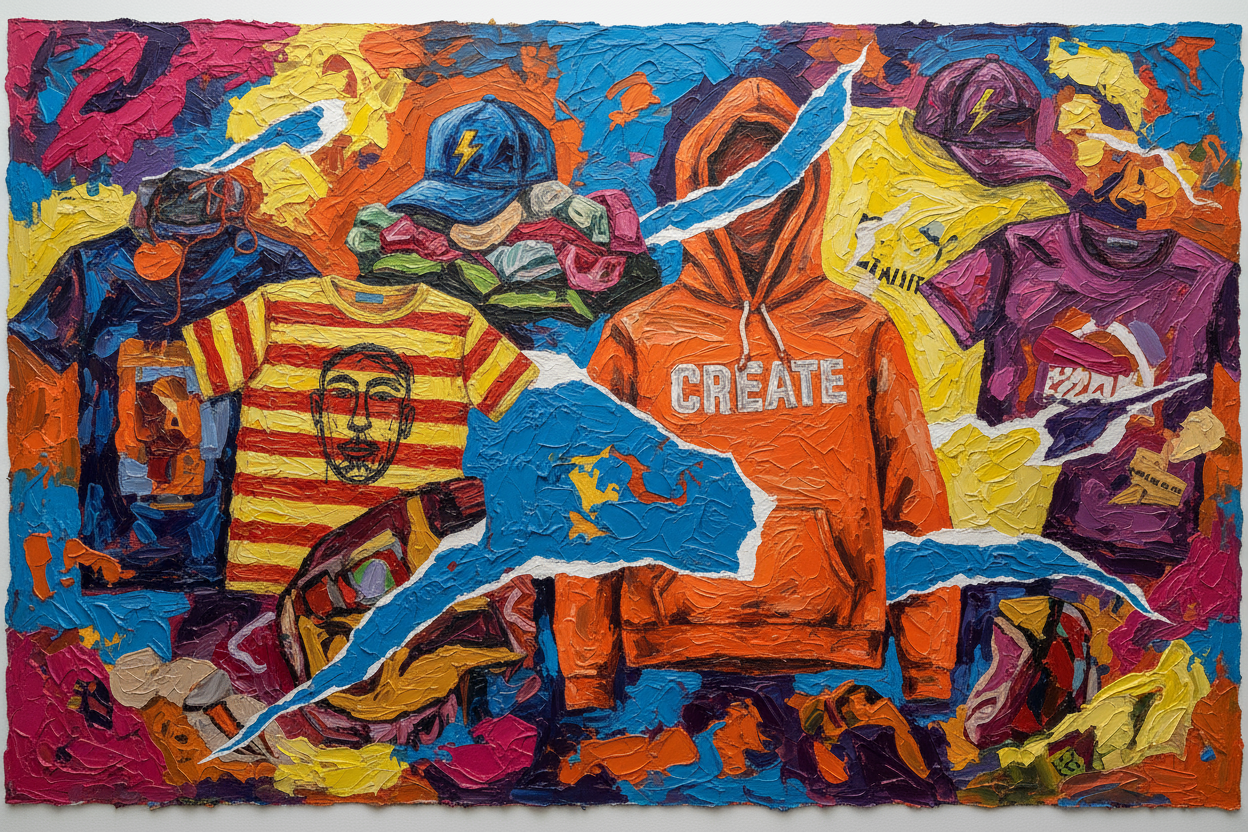 CREATE A BANNER IN the style of a classic painter who uses thick paint and collage, using images from my hoodie, t-shirt and hat collection. Include the Trans fam hoodie